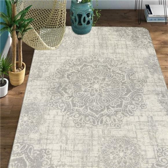 Vintage Medallion Area Rug - 4’ X 6’Non-Slip Distressed Area Rug Small Accent